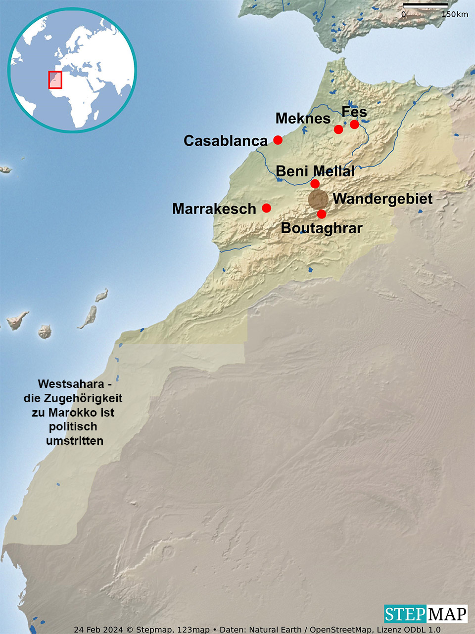 Uebersichtskarte von Marokko incl. der politisch umstritttenen Westsahara